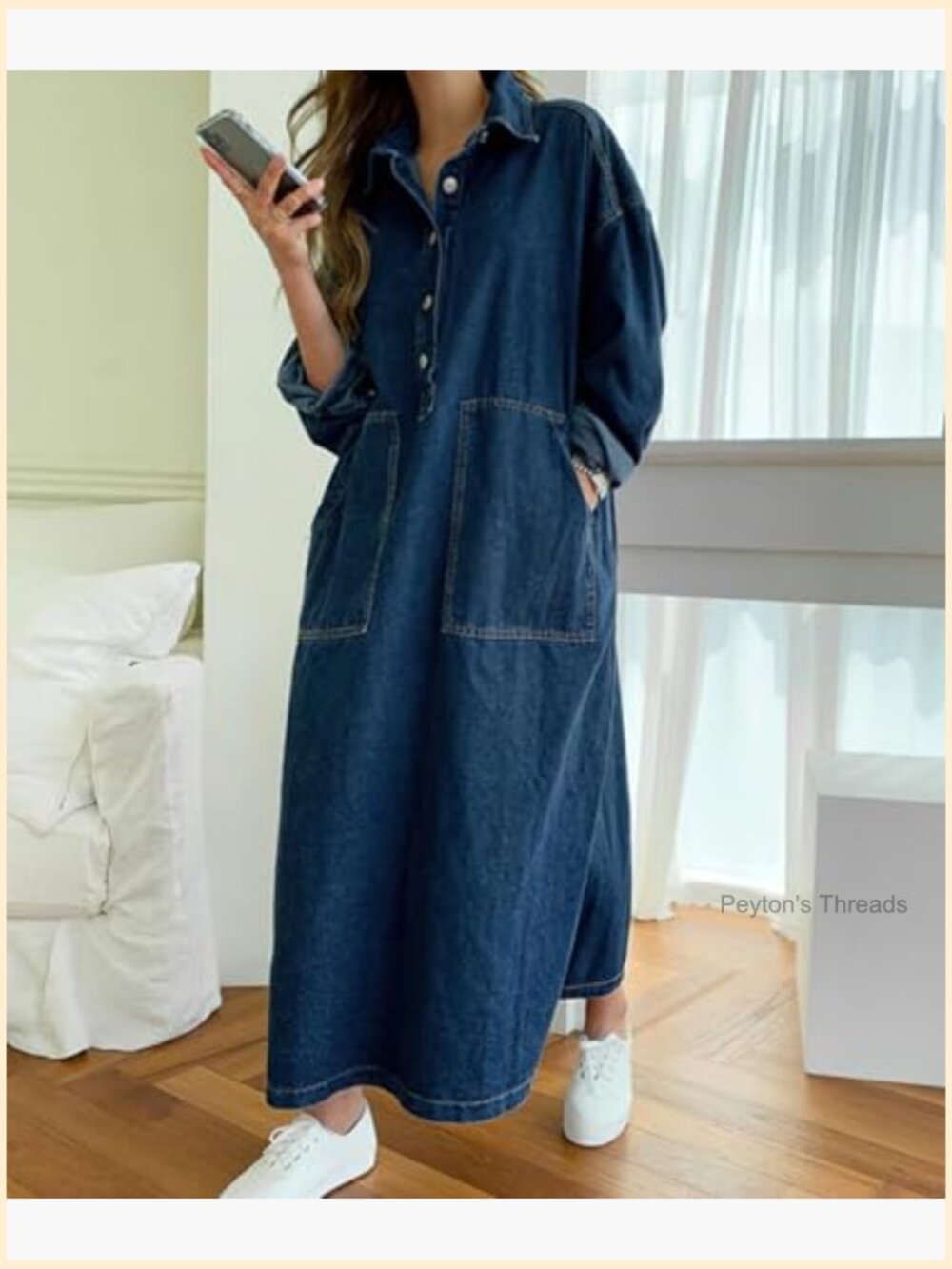 Casual Long Sleeve Maxi Denim Dress 1/2 Button Down Tunic Swing Dress - Picture 2 of 6
